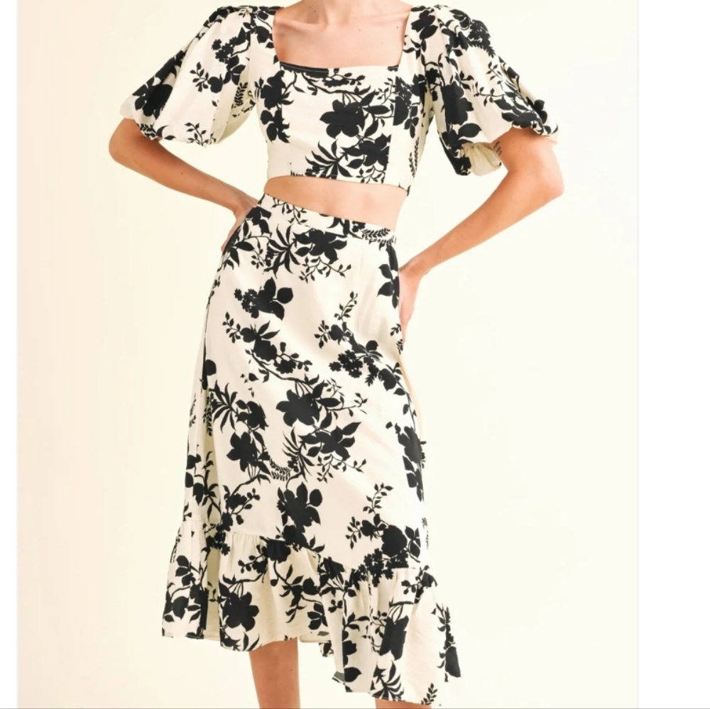 Black and White Ruffled Midi Skirt Fit and Flare